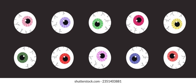 Set cartoon Halloween colorful eyeball. Halloween human or zombie eye icon, element for design. Vector stock illustration, isolated element.