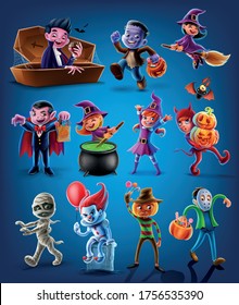 set of cartoon halloween costume characters
