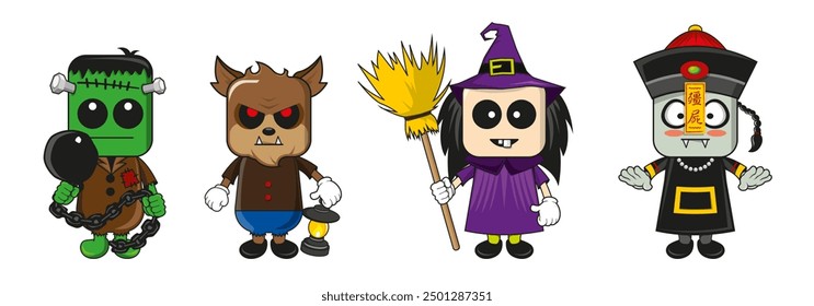 Set of cartoon halloween costume characters. Vector cartoon set of spooky magic creatures.