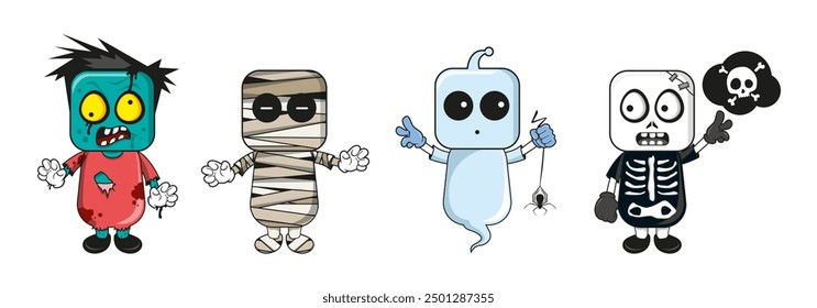 Set of cartoon halloween costume characters. Vector cartoon set of spooky magic creatures.