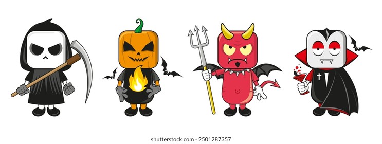 Set of cartoon halloween costume characters. Vector cartoon set of spooky magic creatures.