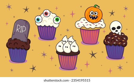 Set of cartoon halloween cupcakes with pumpkin, skull, ghosts, eyes and grave. Greeting card, invitation, banner