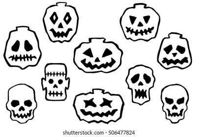 Set of cartoon halloween design elements: pumpkin, zombie, skull. Black and white hand-drawn ink graphics. Vector illustration.