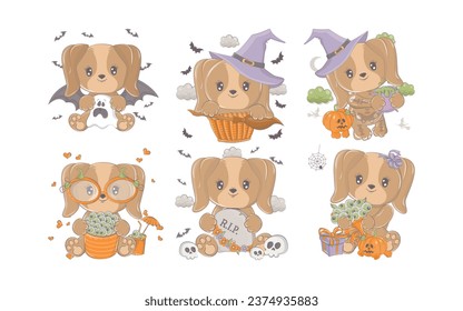 Juego de dibujos animados Perro de Halloween. Colección de Ilustraciones Animales de Halloween con vectores Cute. Conjunto de mascotas aisladas para pegatinas de Halloween 