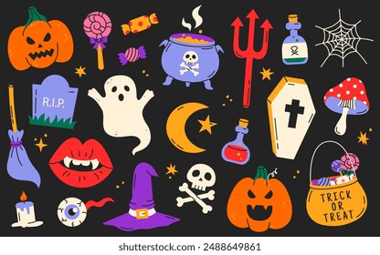 Set of cartoon halloween elements in 90s retro style. Pumpkins, ghost. witch hat, grave, poison, skull, moon, sweets etc.