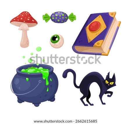 A set of cartoon Halloween elements: boiling cauldron, magic spell book, black cat, creepy eye, candy and fly agaric. Perfect for seasonal designs, kids party invitations, stickers and holiday prints.