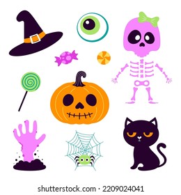 set with cartoon halloween elements isolated on white background, vector illustration of cute skeleton, pumpkin, black cat, witch hat and zombie hand
