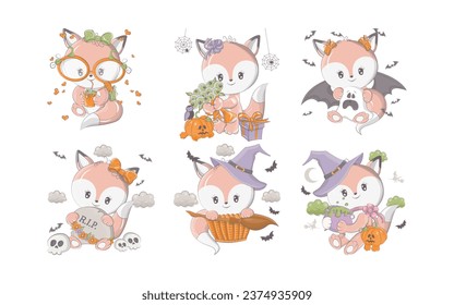 Set of Cartoon Halloween Fox. Collection of Cute Vector Halloween Forest Animal Illustrations. Set of Isolated Red Fox for Halloween Stickers 
