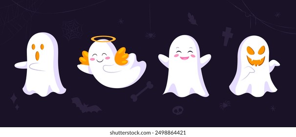 Set of cartoon Halloween ghosts with different emotions isolated on purple background.