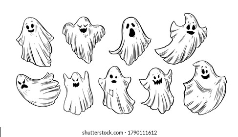 Set of cartoon halloween ghosts. Vector outline illustration.