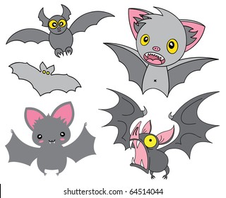 Set of cartoon Halloween grey bats. Vector illustration.