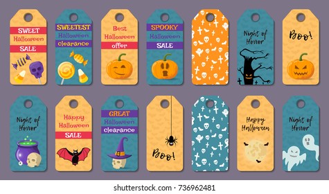 Set of cartoon halloween label tag templates. Vector illustration.
