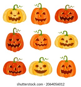 Set of cartoon Halloween orange and yellow pumpkins with carving smiles,vector illustration.
