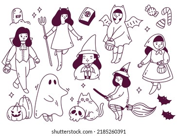 Set of Cartoon Halloween Party Doodle Line Art. Vector Illustration