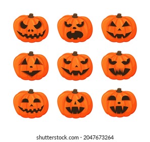 Set cartoon halloween pumpkin. Orange pumpkins with carving scary smiling cute glowing faces. Decoration gourd vegetable or holiday. Vector isolated illustration on white background.