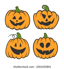 Set of cartoon Halloween pumpkins with funny and scary jack-o-lantern faces. Vector collection