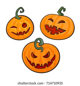 Set of cartoon Halloween pumpkins. Hand drawn vector illustration isolated on white background.