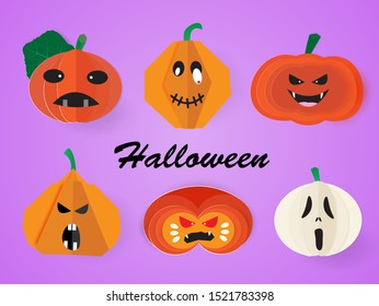 Set of cartoon Halloween scary pumpkin,vector illustration paper art style.