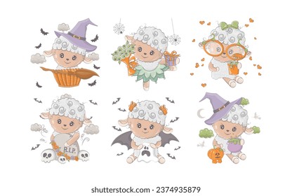 Set of Cartoon Halloween Sheep. Collection of Cute Vector Halloween Farm Animal Illustrations. Set of Isolated Lamb for Halloween Stickers 