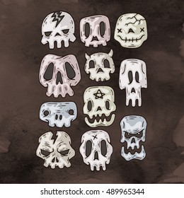 Set Of Cartoon Halloween skull. Halloween Stickers Set. Cartoon Icons. Vector illustration. Cute Halloween skull.