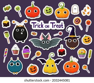 Set of cartoon Halloween stickers. Halloween characters stickers. Candies, treats, spooky dessert. Halloween candy stickers. Candy corn, pumpkins, eyeballs. Black cat, bat, owl, ghost, funny pumpkins.