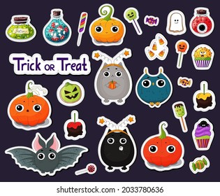 Set of cartoon Halloween stickers. Halloween characters stickers. Candies, treats many types spooky dessert. Halloween candy stickers. Candy corn, pumpkins, eyeballs. Black cat, bat, funny pumpkins.