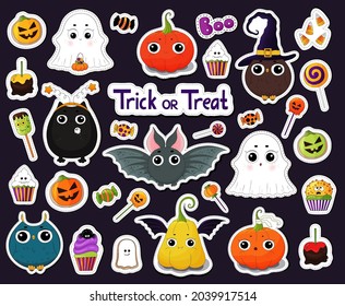 Set of cartoon Halloween stickers. Halloween characters stickers. Candies, treats many types spooky dessert. Halloween candy stickers. Candy corn, pumpkins, eyeballs. Black cat, bat, funny pumpkins.