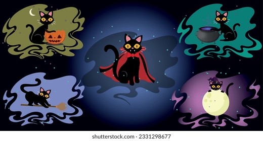 A set of cartoon Halloween stickers. Stickers with Halloween characters. Cute cats with a pumpkin, on a broomstick, with a potion, Cat Dracula.