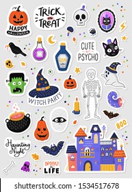 Set of cartoon Halloween stickers. Hand drawn illustration. Isolated sticker pack on grey background. Set of stickers, patches, pins in cartoon style. Vector collection of Halloween theme elements.