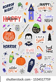 Set of cartoon Halloween stickers. Hand drawn illustration. Isolated sticker pack on grey background. Set of stickers, patches, pins in cartoon style. Vector collection of Halloween theme elements.