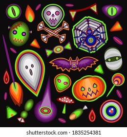 Set of cartoon Halloween stickers. Hand drawn illustration. Isolated sticker pack on grey background. Set of stickers, patches, pins in cartoon style. Vector collection of Halloween theme elements.