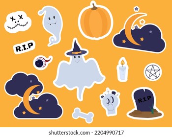 Set of cartoon halloween stickers. Hand drawn illustration. .Vector collection of Halloween elements