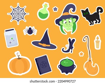 Set of cartoon halloween stickers. Hand drawn illustration. . Vector collection of Halloween elements
