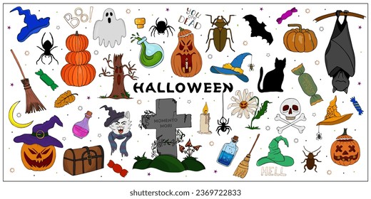 Set of cartoon Halloween stickers. Hand drawn sticker pack, patches, pins in cartoon style. Vector collection of Halloween theme elements