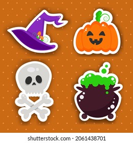 Set of cartoon Halloween stickers. Pumpkin, skull with crossed bones, potion cauldron and witch hat. Vector illustration.