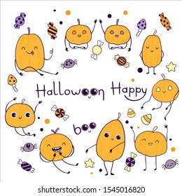 Set cartoon halloween symbols  Nice halloween pumpkins  little spiders  candies  mushrooms  'Happy halloween'    'Boo!' letterings