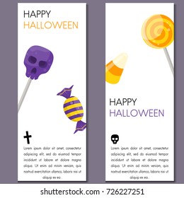 Set of cartoon Halloween templates with candies. Vertical ticket. Vector illustration.
