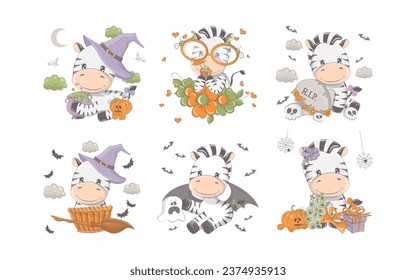 Set of Cartoon Halloween Zebra. Collection of Cute Vector Halloween Animal Illustrations. Set of Isolated Zebra for Halloween Stickers 