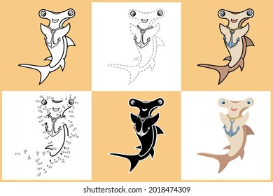 Set of cartoon HAMMERHEAD SHARK in 6 styles, Vector illustration