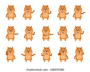 Set of cartoon hamster characters showing various hand gestures. Funny hamster pointing, greeting, waving, showing thumb up, victory, stop sign and other hand gestures. Flat style vector illustration