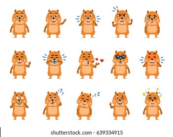 Set of cartoon hamster characters showing various emotions. Funny hamster laughing, surprised, crying, serious, dazed, sleepy, thinking, in love and showing other emotions. Flat vector illustration