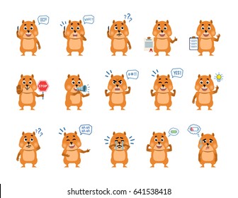 Set of cartoon hamster characters showing various actions, emotions. Funny hamster talking on phone, laughing, crying, holding document, clipboard and doing other actions. Simple vector illustration