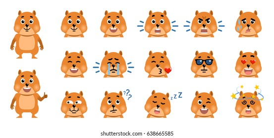 Set of cartoon hamster emoticons. Funny hamster avatars showing various facial expressions. Happy, sad, angry, laugh, surprised, serious, dazed, sleepy and other emotions. Flat vector illustration