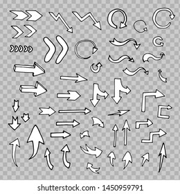 Set of cartoon hand drawn arrows on transparency background