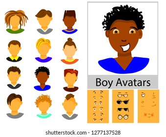 Set of cartoon hand drawn avatars. Different emotions faces. vector illustration