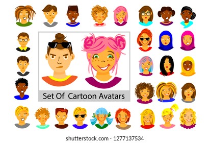 Set of cartoon hand drawn avatars. Different emotions faces. vector illustration