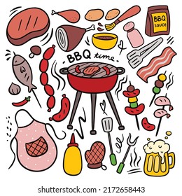 Set of Cartoon Hand Drawn Barbecue Doodle Vector Element