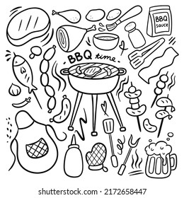 Set of Cartoon Hand Drawn Barbecue Doodle Vector Element