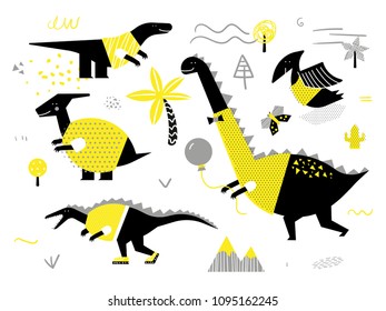 Set of cartoon hand drawn dinosaurs. Black and yellow collection. Vector illustration.