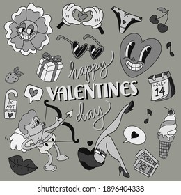 Set of cartoon hand drawn doodles for Valentine's day. Funny retro elements in vector